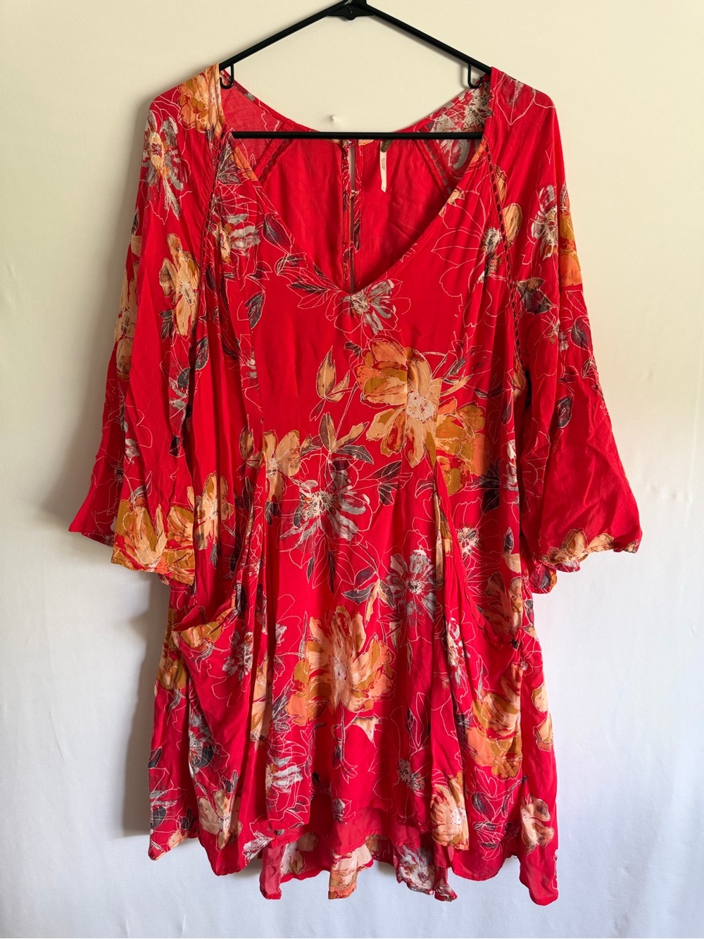 Free People Mini Dress Smock Pockets Lined Hi Lo Red Floral Bell Sleeve Size 12